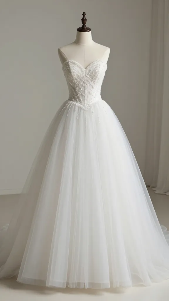 Morning bridal studio scene: mannequin dressed in a princess dress with a sweetheart neckline, detailed beading along the bodice, waist nipped in, tulle overskirt drapes gracefully, no people, high-fashion editorial vibe.