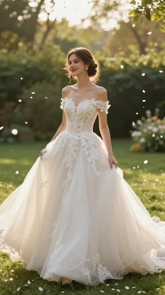 Outdoor garden wedding setting: bride in a fitted bodice dress with off-the-shoulder neckline, lace appliqué detailing, voluminous skirt swirling with breeze, petals in the air, dreamy golden hour light, no text.