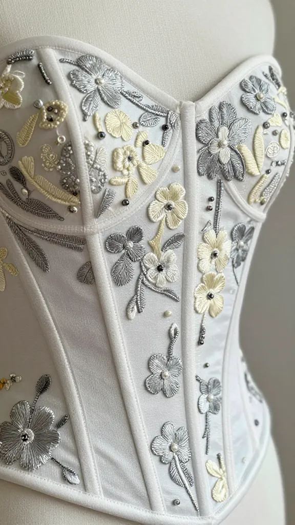 Close-up of embroidery and beading on a fitted bodice, silver and ivory thread patterns forming florals, boning structure visible under sheer fabric, soft focus background.