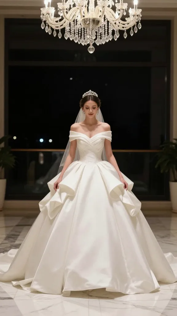Full-length shot of a bride in a princess gown crossing a marble terrace, structured bodice with subtle boning, dramatic skirt with multiple layers, chandelier lighting above creating twinkling reflections, no text.