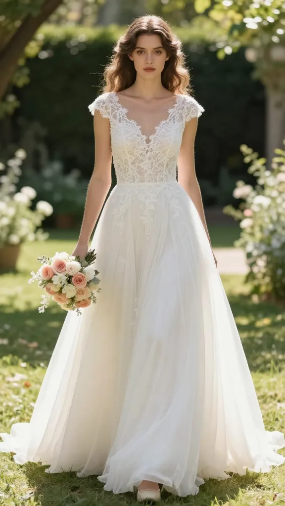 A bride wearing a vintage-inspired drop waist wedding dress with a low, relaxed waistline, flowing tulle skirt, and delicate lace bodice standing in a sunlit garden aisle, soft pastel bouquet in hand, exuding flirty sophistication.
