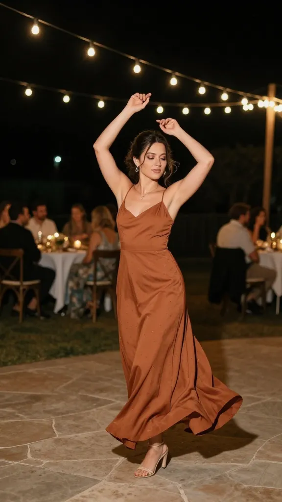Full-length shot of a bride in a crepe drop waist gown dancing under string lights at an outdoor reception, showcasing movement, comfort, and a modern-retro vibe.