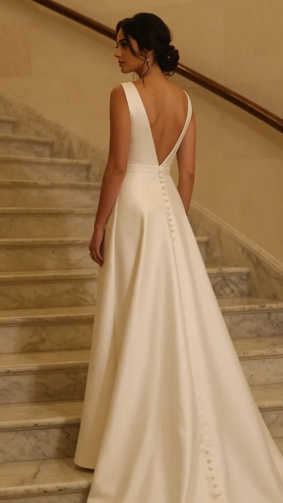 Side profile of a bride in a drop waist dress featuring a dramatic V-back and button details, standing on a marble staircase with warm, ambient lighting.