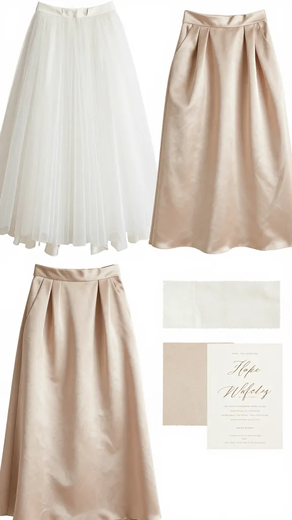 Flat lay of three different fabrics (tulle, satin, crepe) paired with drop waist silhouettes, including swatches and a wedding invitation, to illustrate versatile textures.