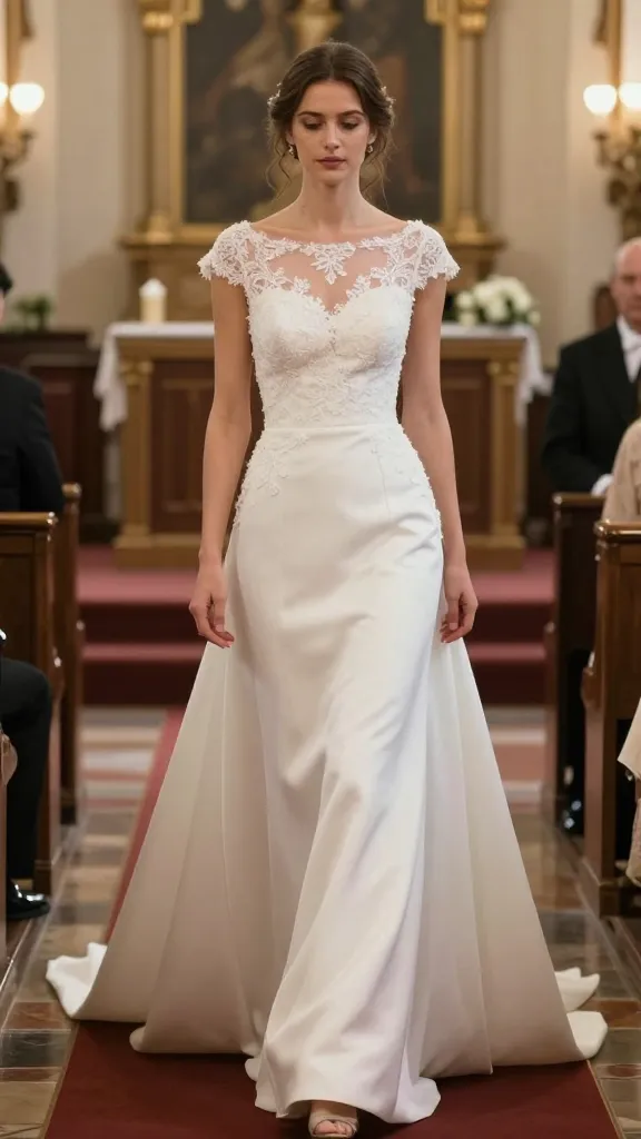 European-inspired indoors ceremony: bride in a drop waist gown with a soft illusion neckline, lace appliqués, and a slightly flared crepe skirt, in a vintage-chic chapel setting.