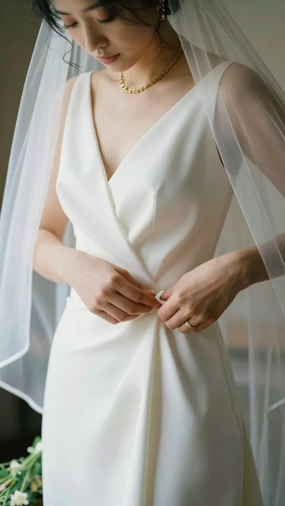 A candid moment of a bride adjusting the drop waist waistline beneath a breezy veil, with a hints of retro jewelry and a bouquet of wildflowers, capturing effortless comfort.