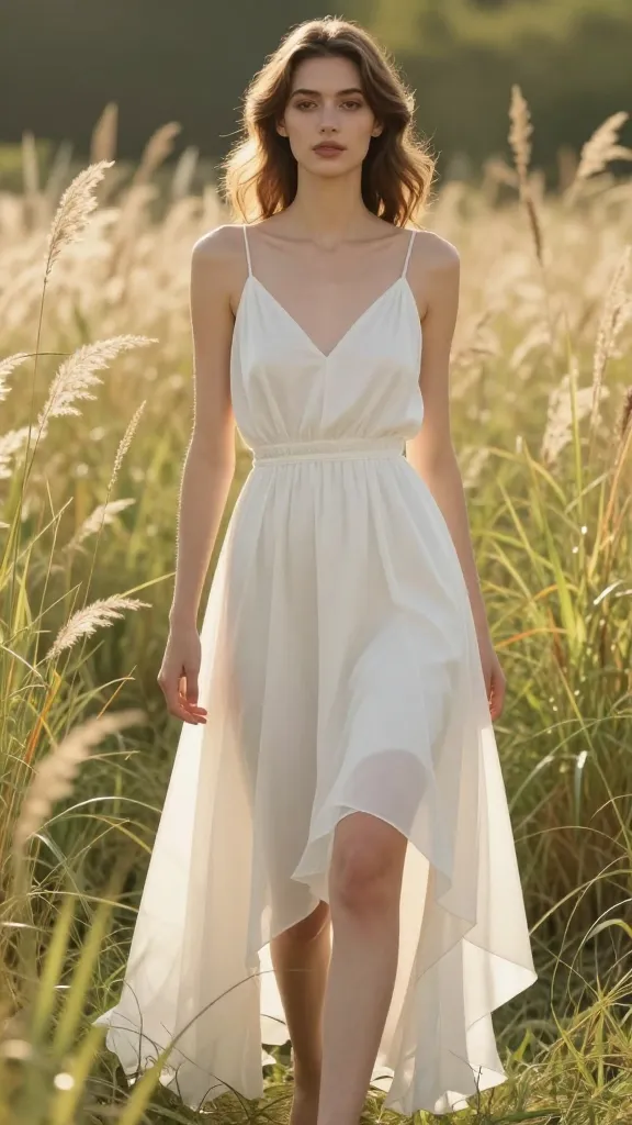 A daytime outdoor bridal portrait: model in a light, airy drop waist dress with a high-low hem and minimal accessories, standing among tall grasses and golden hour sunlight.