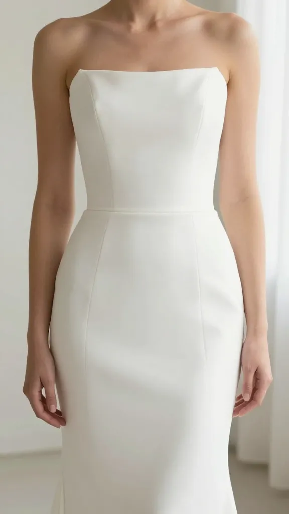 A close-up shot of a bride wearing a sleek sheath slim-fit wedding dress in crepe fabric, standing straight with clean lines from shoulder to hem, natural light, minimalist background.