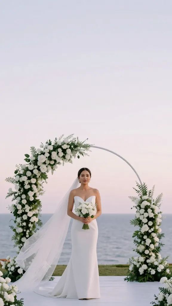 Outdoor seaside ceremony featuring a bride in a sheath slim-fit dress, breeze subtly rippling the fabric but preserving the dress’s streamlined silhouette, soft pastel sky, simple floral arch.