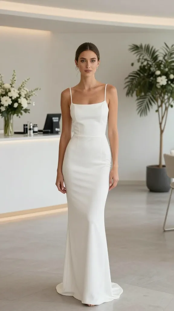 Full-body shot of a bride in a sheath slim-fit dress with minimal accessories (no oversized bouquet), contemporary venue, clean lines, modern decor.