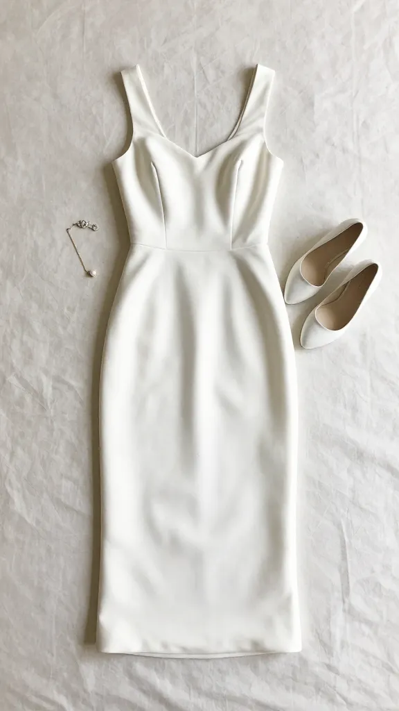 A runway-inspired flat lay of wedding accessories arranged around a sleeve-length sheath dress laid out on a light fabric backdrop, emphasizing sleek and effortless chic.