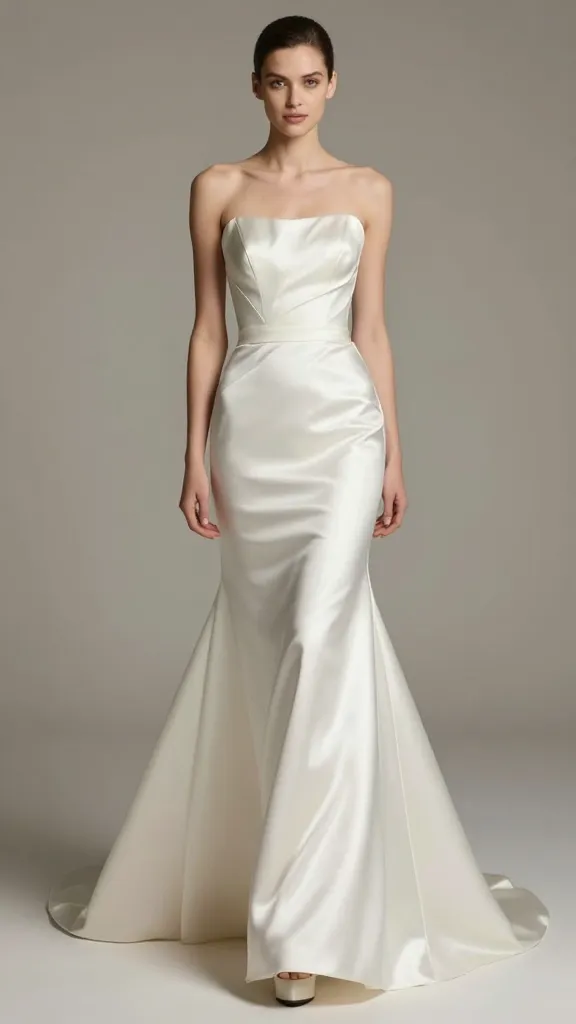A satin fit-and-flare wedding dress on a model standing in a softly lit studio, the bodice cinched at the waist and the flared skirt catching light with a luminous shimmer, posing mid-step as if walking toward the camera, no text.