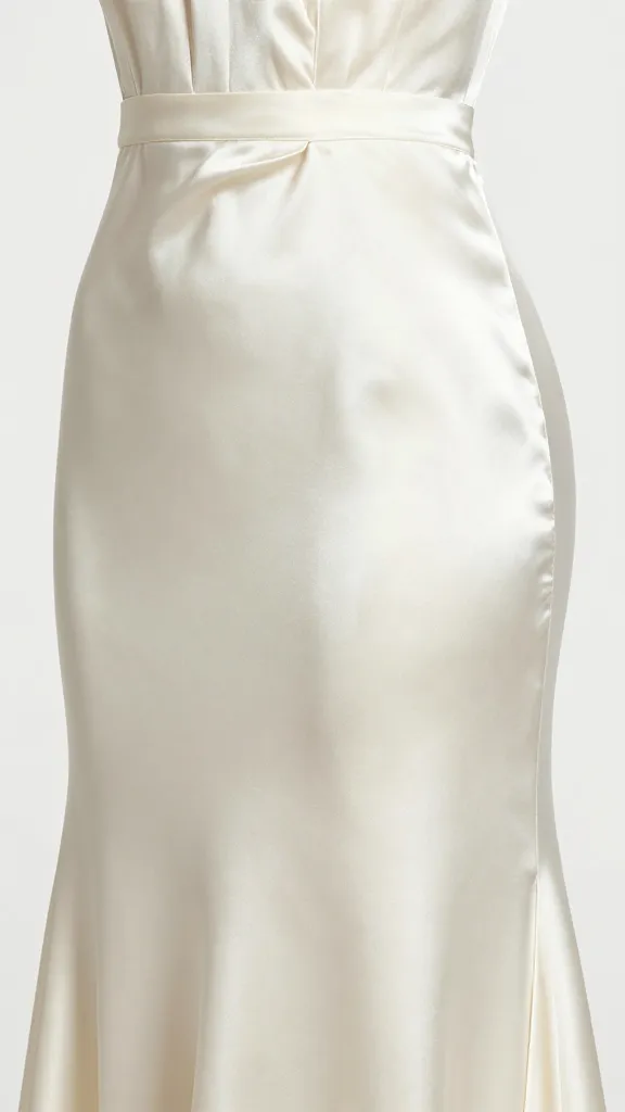 Close-up of satin fabric draping over a model’s hip to highlight the fit-and-flare silhouette, subtle curve-hugging seamlines, and light reflections that emphasize movement, with a clean white background.
