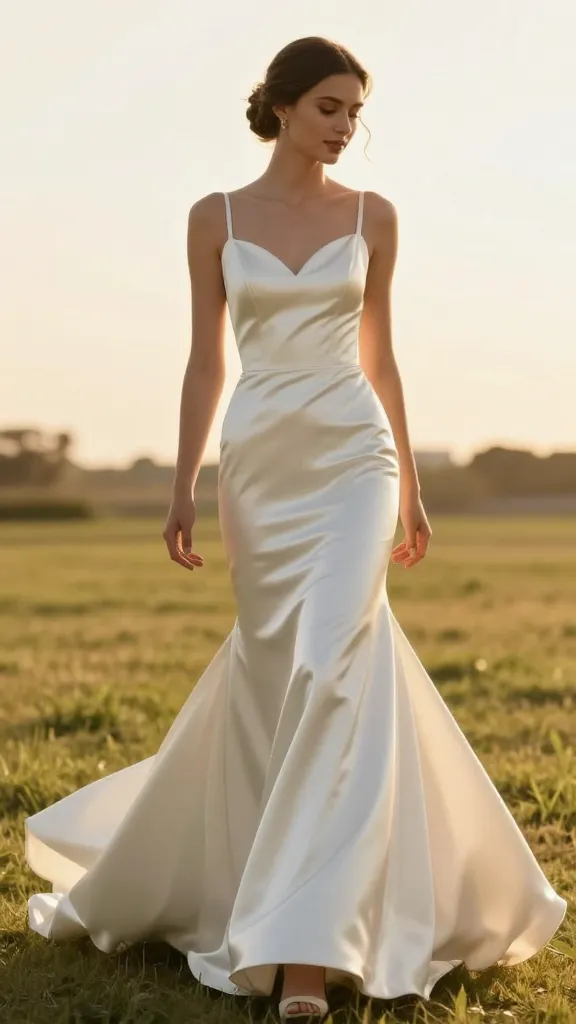 Full-length bridal portrait outdoors at golden hour, model wearing a satin fit-and-flare gown, swish of the skirt mid-twist, gentle breeze lifting the hem, sunlit glow enhancing the dress shine, no text.