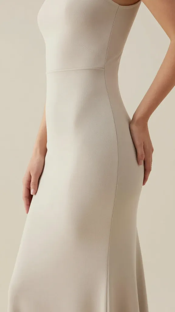 Side-angle shot of the dress, focusing on the waist nips at the natural curve and the gradual flare, hands resting at the hips, soft, diffused background to keep attention on silhouette.