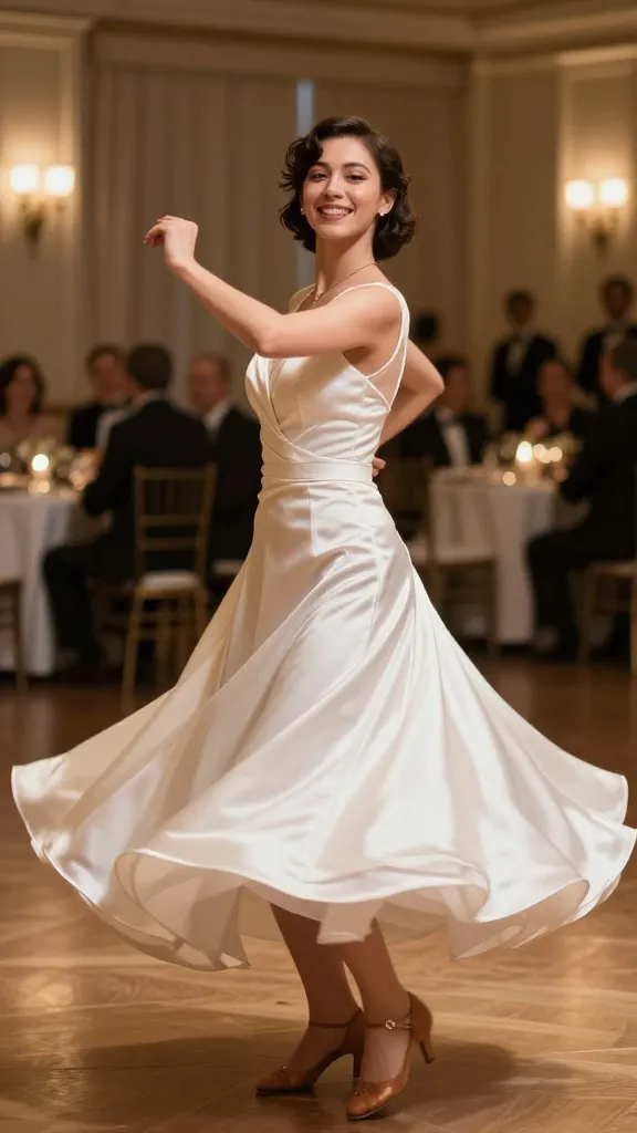 The dress during a candid dance moment in a softly lit ballroom, satin catching every light angle as the skirt swirls, model smiling, capturing motion without any branding or text.