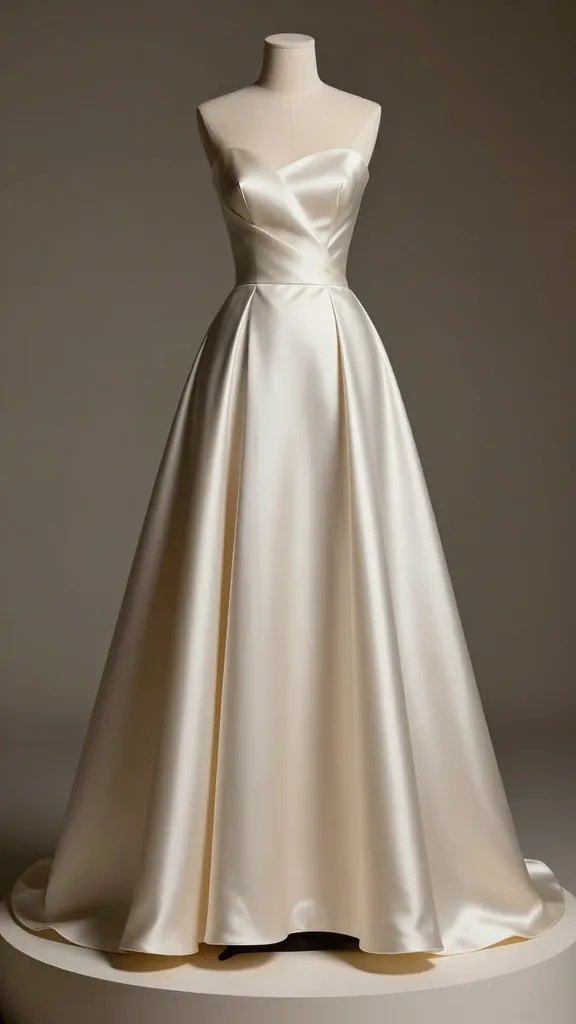 A fashion editorial shot of the dress on a pedestal display, studio lighting reflecting off the satin to show texture and sheen, emphasis on the gown’s structured bodice and flared skirt, no people.