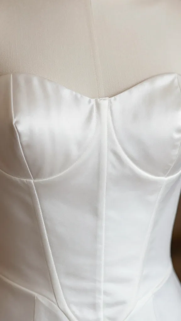 A close-up of the satin bodice’s neckline and seam detailing, showing precise stitching and the way the fabric hugs the torso, with a shallow depth of field to blur the background.