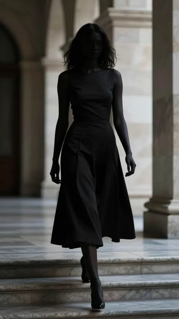 A dramatic outdoor shot of the dress walking along a marble corridor or staircase, the fit-and-flare silhouette highlighted by the architectural setting and natural light, dress moving gracefully as if in a procession, no text.