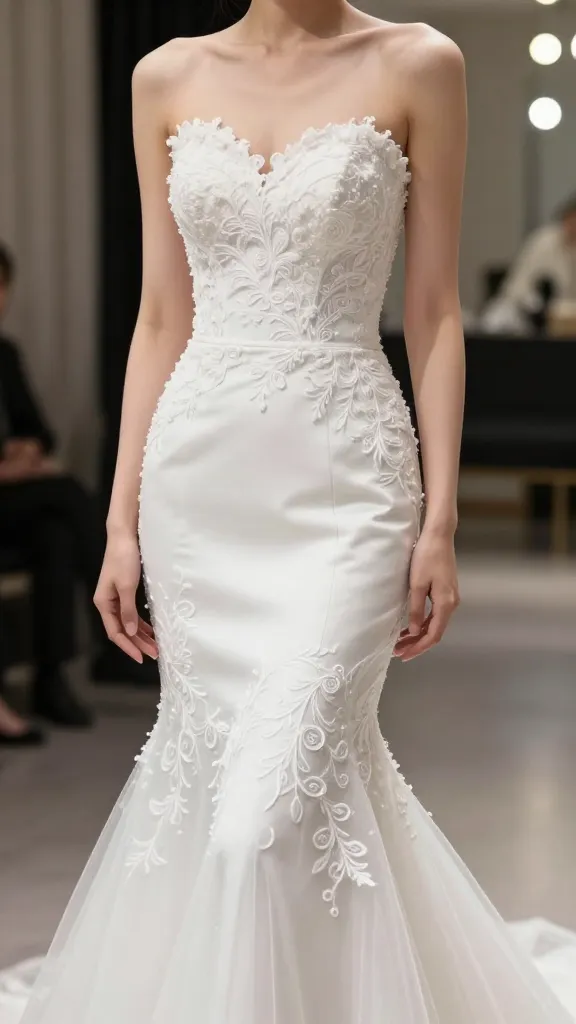 A close-up portrait of a bride wearing a mermaid trumpet wedding dress, focusing on the fitted bodice and dramatic knee-to-flare transition, with soft backstage lighting and a dreamy bokeh background.
