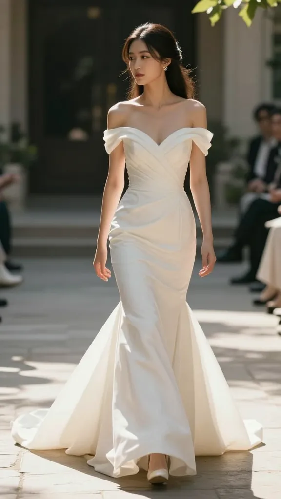 Full-length shot of a bride walking down a sunlit aisle in a mermaid trumpet gown, the flare sweeping out softly behind her, capturing movement and a graceful, tall silhouette.