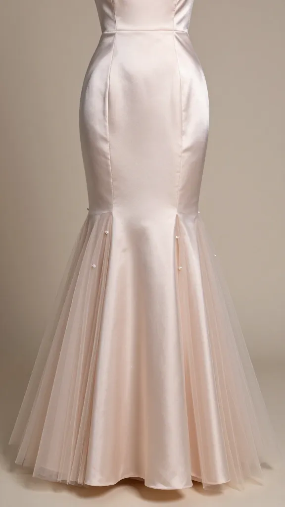 Interior studio shot highlighting the fabric texture—shimmering satin or tulle—on the flare of a mermaid trumpet dress, with subtle pearl accessories and a neutral backdrop.