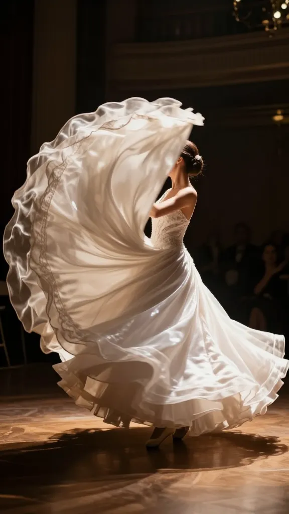 Dramatic dance pose in a venue with dimmed lights, the dress flare dramatically fanned out as the bride twirls, spotlight catching the fabric’s sheen.