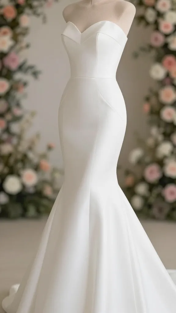 Side profile of a bride in a mermaid trumpet dress, emphasizing the hourglass silhouette and the seam placement that creates the dramatic flare, with a soft-focus floral backdrop.