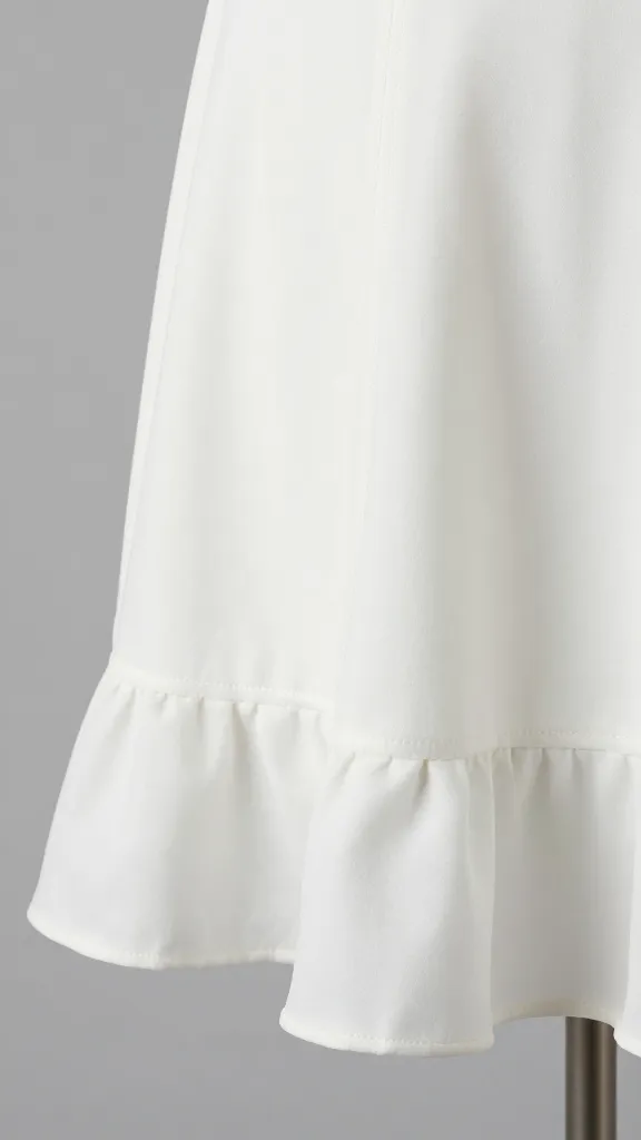 Couture detail shot of the dress hem where the flare begins, showing intricate stitching and seam lines, against a clean studio background.