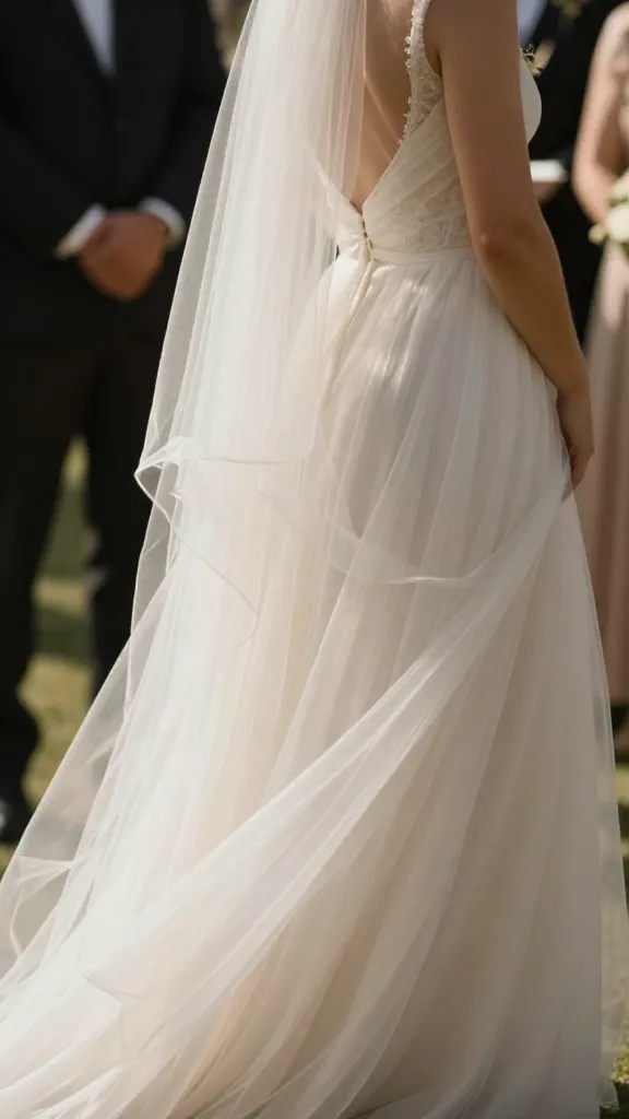 Outdoor ceremony scene with a gentle breeze lifting the sheer layers of the dress, capturing movement, texture, and how the fabric catches natural light.