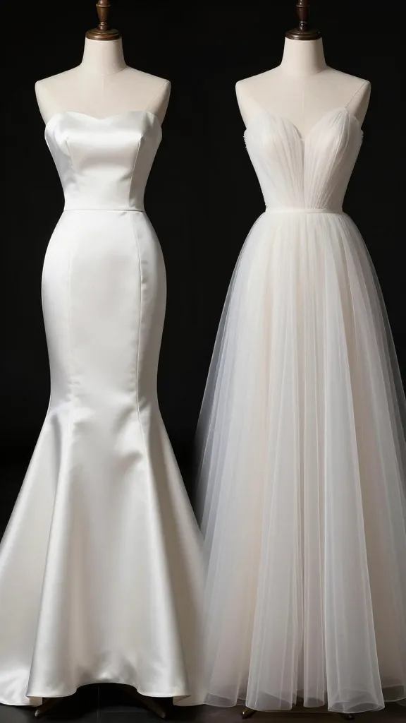 Editorial-style image comparing fabrics for drama: one mermaid trumpet gown in weighty satin with a sharp flare, another in light tulle with a softer, lyrical flare, displayed side-by-side on mannequins.