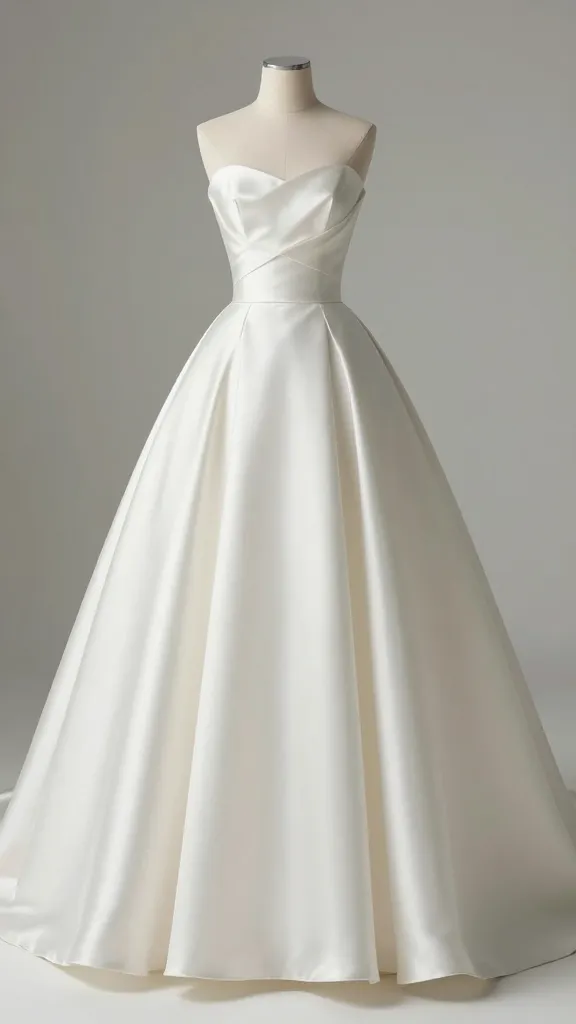 A clean silhouette ball gown on a model, satin fabric with subtle shine, no embellishments, photographed in soft natural daylight with a minimalist studio backdrop, every angle highlighting the streamlined waist and sweeping skirt.