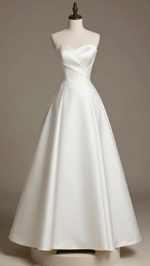 A simple ball gown in mikado fabric, crisp and modern, floor-length, photograph-ready pose on a pedestal with neutral-toned backdrop, light catching the structured bodice and defined silhouette.