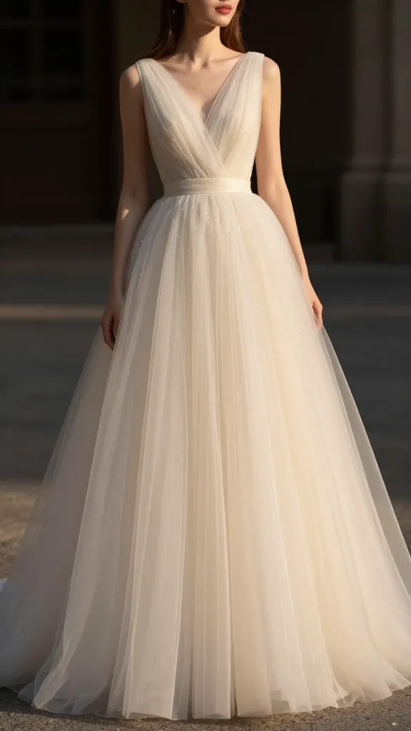 A delicate tulle ball gown with subtle volume, minimal sparkles, airy layers creating a gentle cloud-like skirt, photographed outdoors in golden hour light with soft shadows.