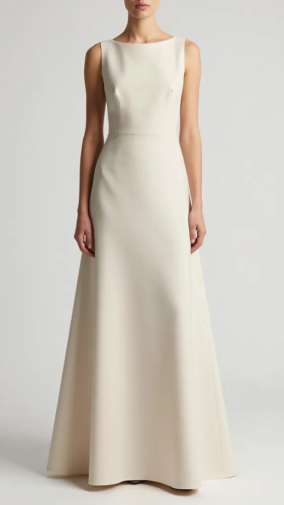 A crepe ball gown with sleek lines and a restrained silhouette, clean neckline, no extra adornments, model standing against a simple white-walled studio, even, flattering lighting.