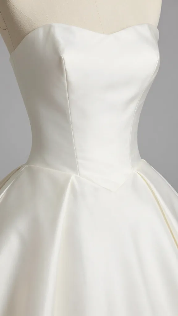 Close-up of a satin ball gown bodice with clean architecture, no embroidery, focus on smooth fabric texture and flawless seam lines, against a plain soft-gray backdrop.