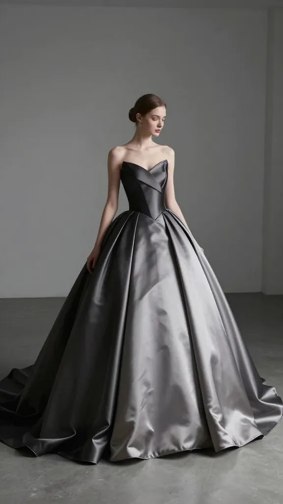 Full-length ball gown in gross satin-mikado contrast, dramatic yet restrained, light catching the skirt to reveal structure, posed in a minimalist ballroom setting with empty space.
