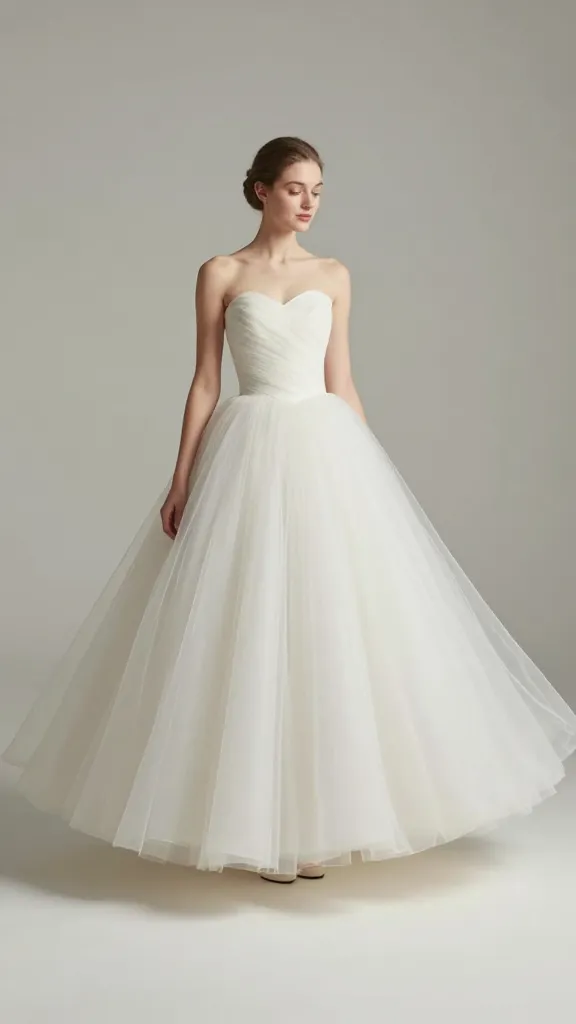 A simple ball gown shown in movement, light tulle underskirt peeking out, model twirling to emphasize effortless volume without bulk, neutral backdrop, bright but soft contrast.