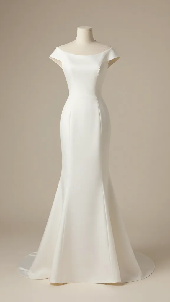 A timeless ball gown scene under ambient lighting, crepe dress with elegant shoulders and subtle flare, photographed against a seamless light backdrop to emphasize classic shapes and how they photograph beautifully.