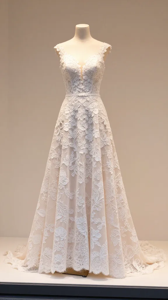 A-line wedding dress on a softly lit sunlit storefront window display, intricate Chantilly lace bodice, delicate floral patterns, elegant train, neutral pastel backdrop, no text.