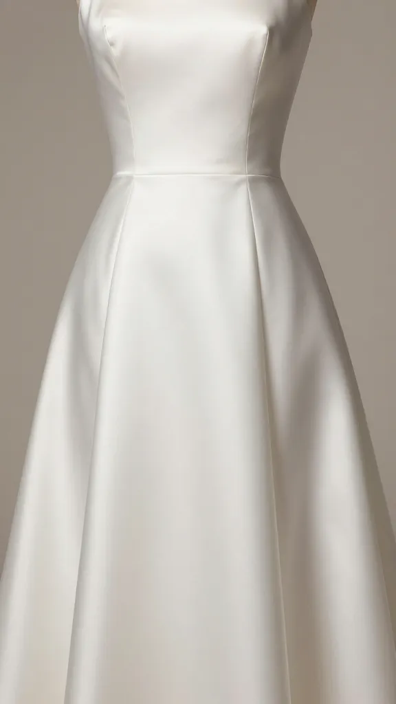 Close-up shot of an A-line gown in satin, smooth glossy surface, minimalist silhouette, waist seam emphasizing elongation, soft studio lighting, neutral backdrop, no text.