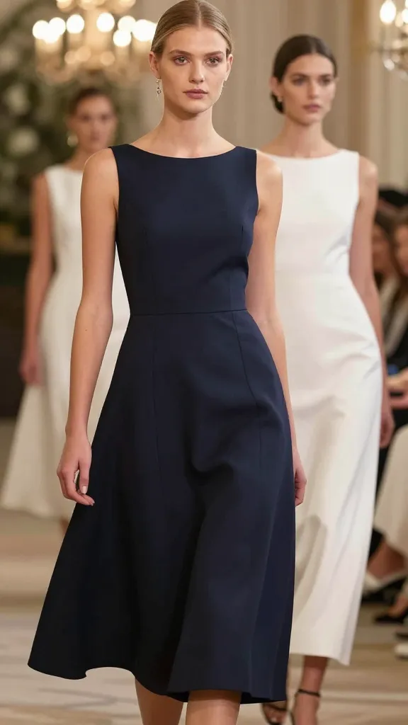 Models walking down an aisle wearing A-line dresses with Crepe fabric, clean lines, subtle movement, simple jewelry, wedding venue with warm bokeh lights in the background, no text.