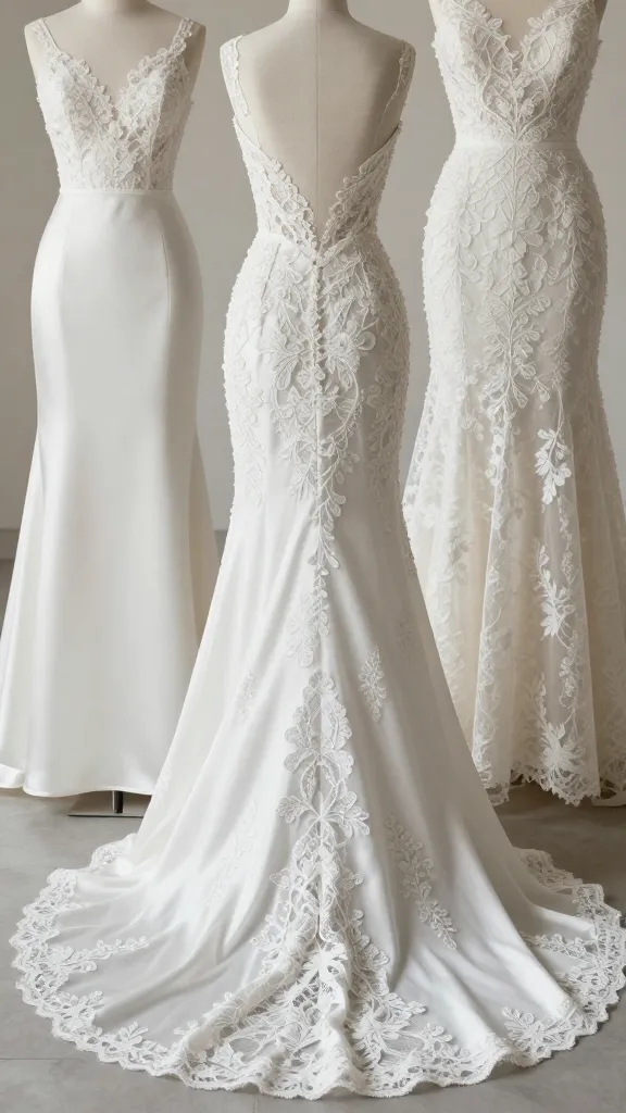 Dress montage showing texture layering: Chantilly lace overlay over satin A-line gown, subtle sheer back, gentle train, moody natural light, white-on-white setting, no text.