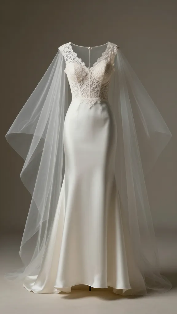 A bridal studio scene illustrating mix-and-match textures: Lace bodice, satin skirt, and a sheer Tulle overlay floating in the air, soft shadows, ethereal vibe, no text.