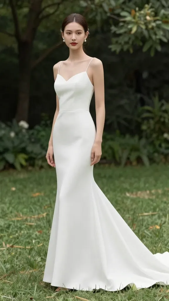 A-line dress on a bride outdoors in a garden ceremony, Crepe fabric for minimalist chic, elegant silhouette, wind catching the train, lush greenery, no text.