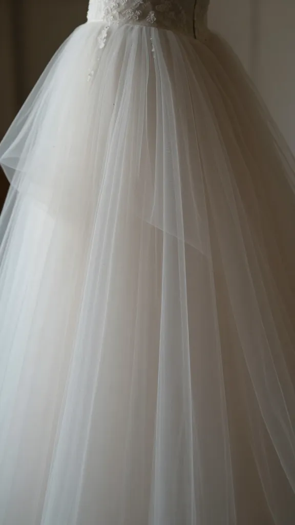 Couture detail shot of a wedding dress with Tulle overlays, romantic ethereal drama, light layers cascading from waist, soft-focus background, no text.