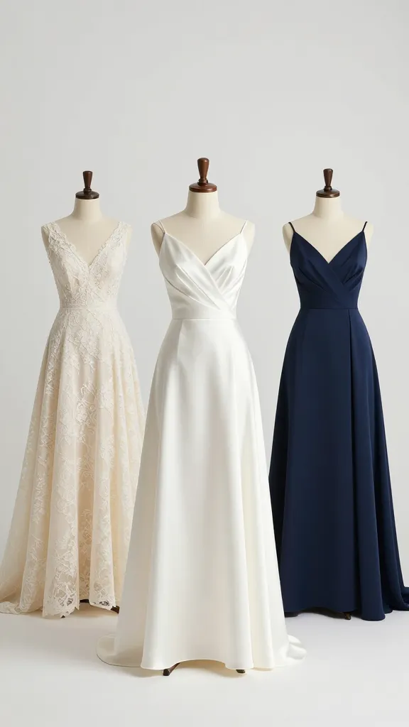 Editorial fashion spread: three colorways of A-line gowns (Chantilly lace, satin, and Crepe) displayed on mannequins in a bright studio, clean lines, minimalist backdrop, no text.
