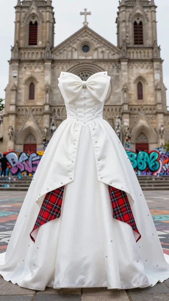 A punk-history nod bridal look: a gown with safety-pin detailing, tartan peekaboo underlayers, and a dramatic bow, photographed against a graffiti-inspired backdrop that juxtaposes church elegance with street art.
