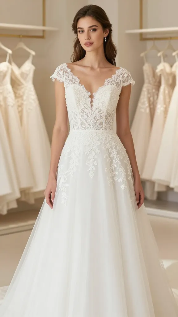 A bridal portrait in a sunlit boutique, featuring a timeless A-line wedding dress with a structured bodice, cap sleeves, and delicate lace detailing, model posed with a refined, approachable princess vibe and soft, natural makeup.