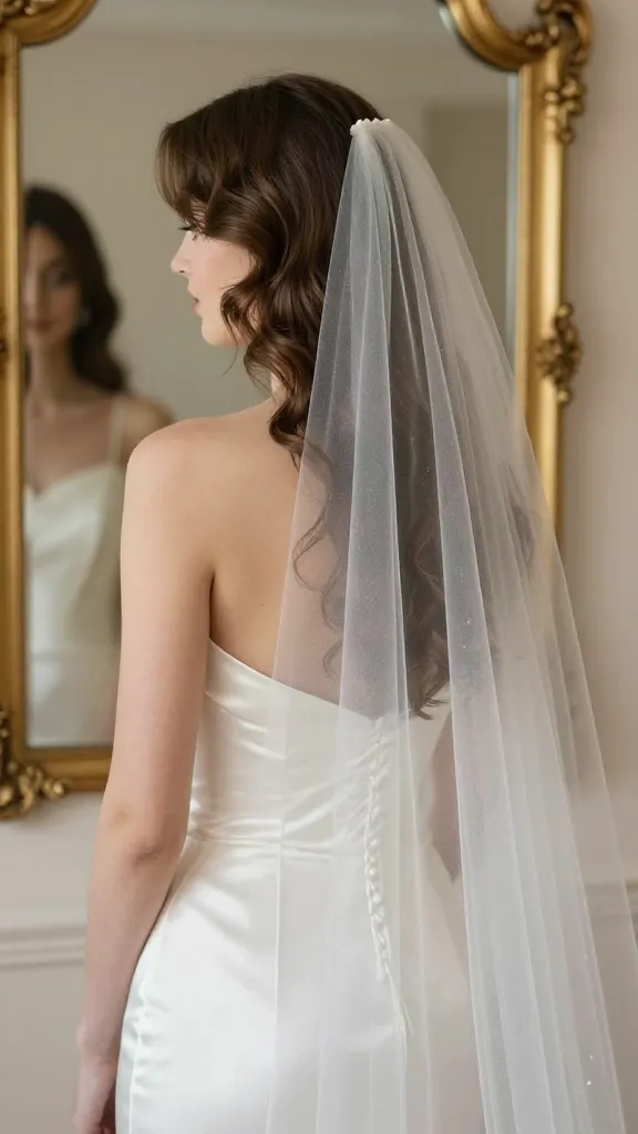 Classic romantic waves with subtle volume at the crown, a sheer veil cascading down the back, and a minimalist satin wedding dress reflected in a gilded mirror.